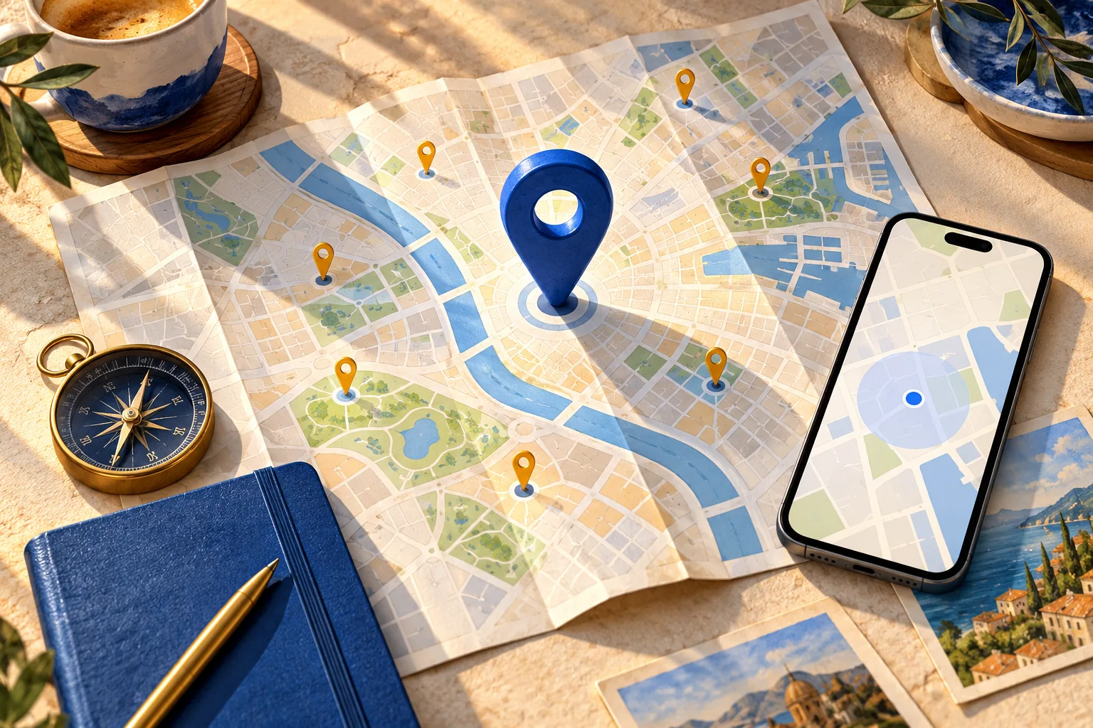 Illustration eines Smartphones und eines Stadtplans, die einen aktuellen Standort mit hilfreichen gespeicherten Orten verbindet.